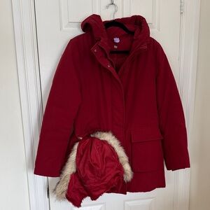 Uniqlo Women's Deep Red Puffer Jacket with Faux Fur Trim